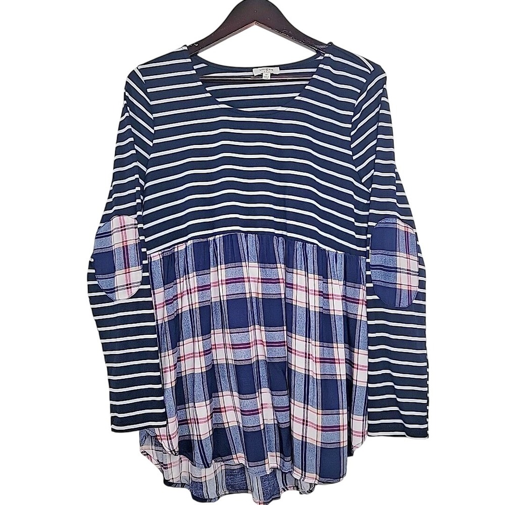Umgee Womens Babydoll Top Medium Oversized Striped Plaid Elbow Patch Navy